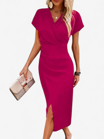 Formal Summer Maxi Dress | Women | Wrap V-Neck Side Slit Short Sleeve | Steven & Levon