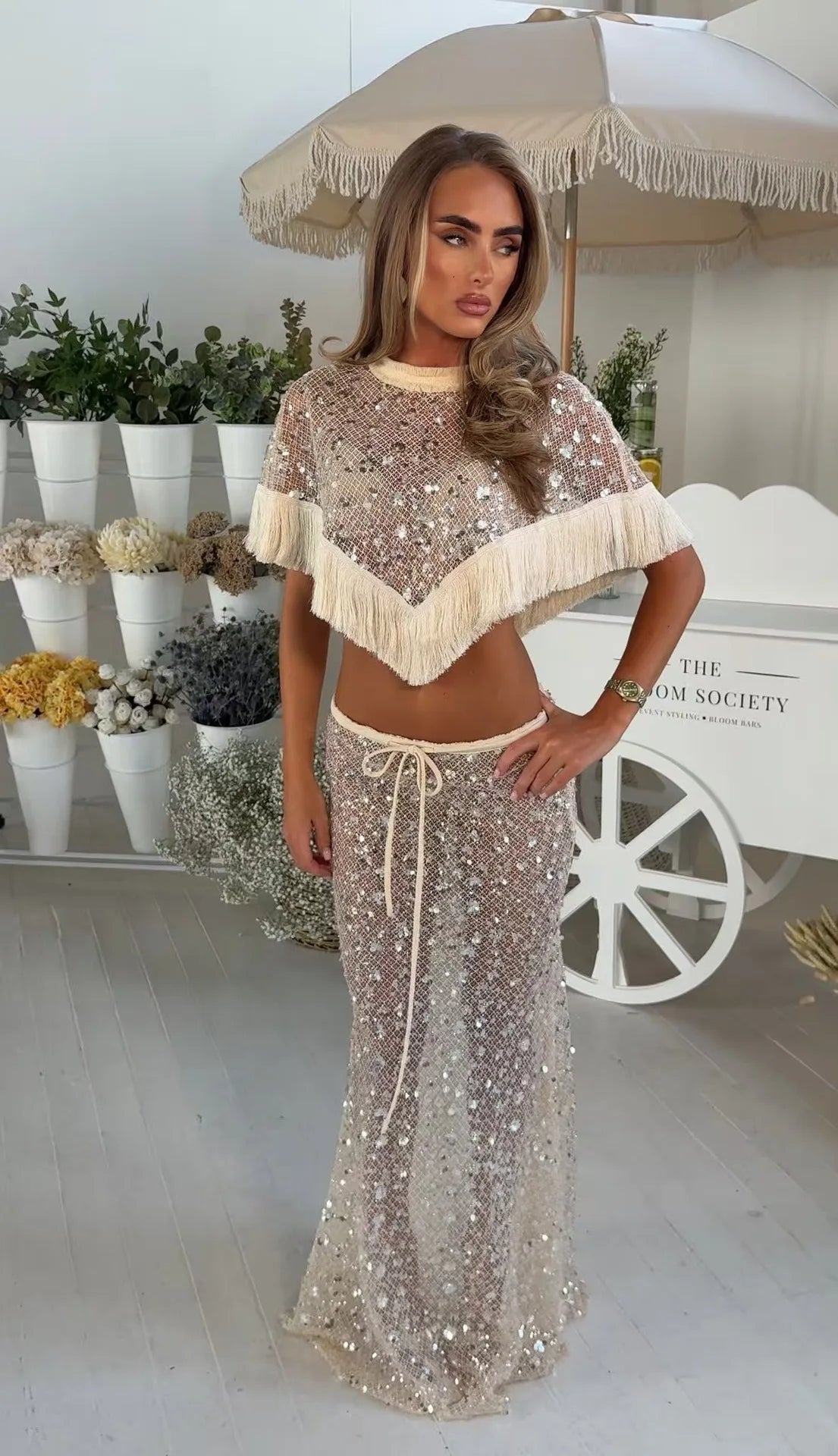 Women's Sequin Mesh Crop Top | Co Ord Set | Tassel Fringe Flared Trousers | Steven & Levon