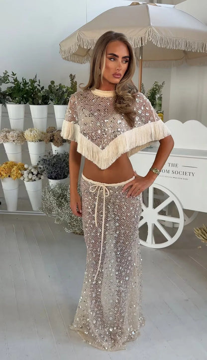 Women's Sequin Mesh Crop Top | Co Ord Set | Tassel Fringe Flared Trousers | Steven & Levon