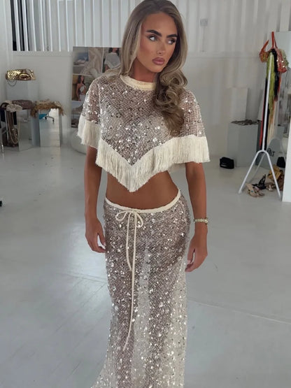 Women's Sequin Mesh Crop Top | Co Ord Set | Tassel Fringe Flared Trousers | Steven & Levon