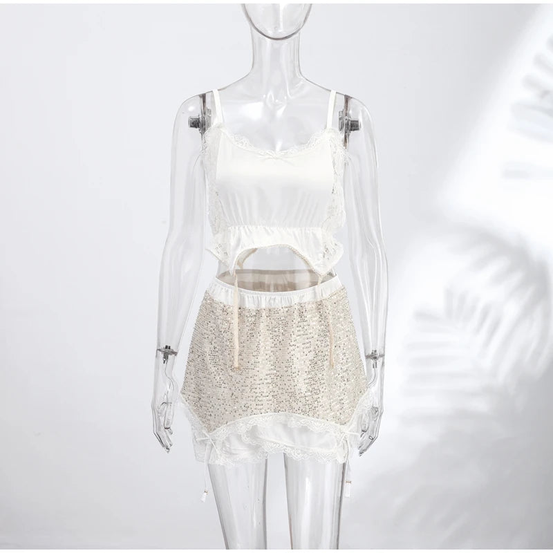 Women's Sequin V Neck Top & Mini Skirt Co Ord Set | Lace Detail | Sleeveless | Steven & Levon