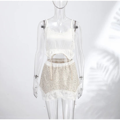 Women's Sequin V Neck Top & Mini Skirt Co Ord Set | Lace Detail | Sleeveless | Steven & Levon