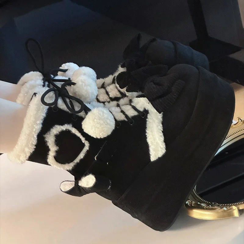 Women's Flannel Snow Boots | Lace Up Mid Calf Boots | Bow Detail Wedge Winter Shoes | Steven & Levon