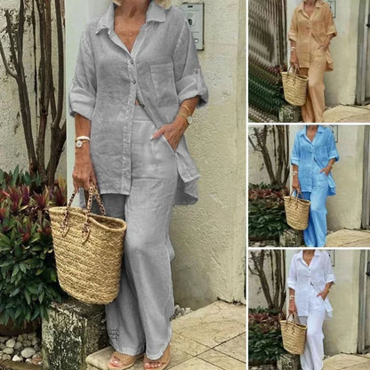Women's Oversized Linen Blend Set | Long Sleeve Blouse & Wide-Leg Trousers | Relaxed Fit | Steven & Levon