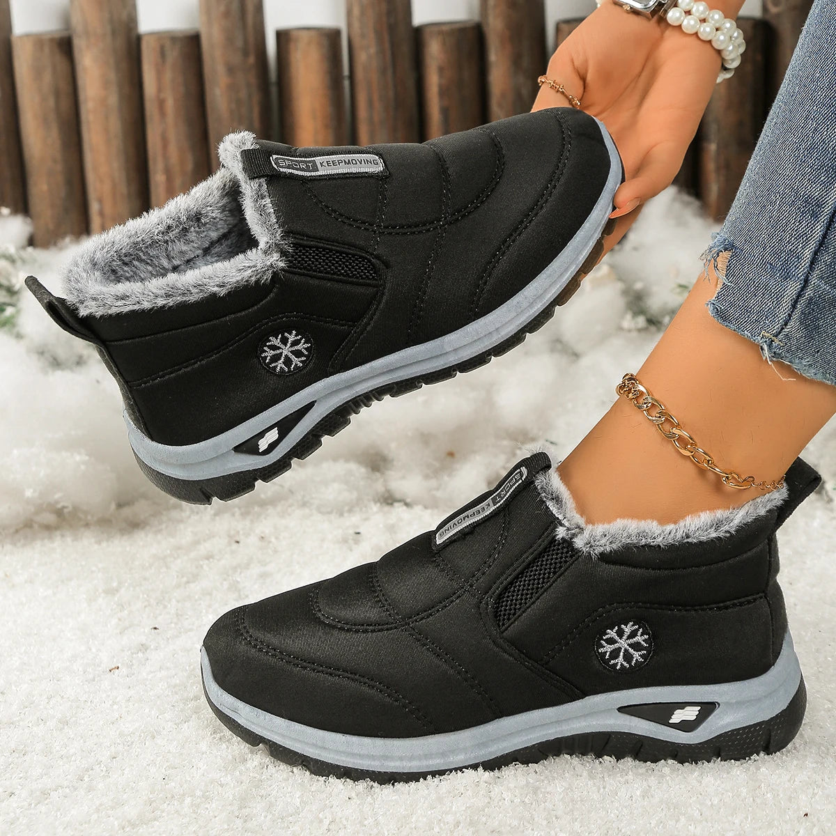 Women's Canvas Snow Boots | Slip On Ankle Boots | Faux Fur Lined Winter Shoes | Steven & Levon