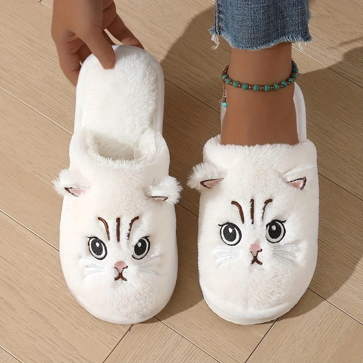 Women's Plush Cat Slippers | Polyester Upper | Non Slip EVA Sole | Flat Heel | Steven & Levon