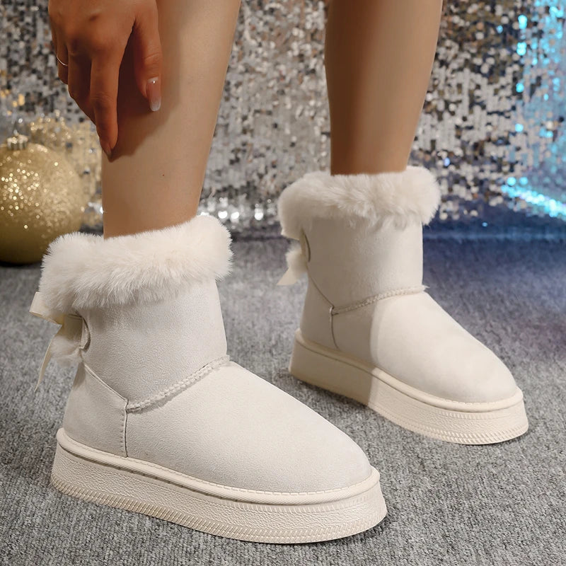 Women's Mid Calf Snow Boots | Bow Detail Slip On Boots | Plush Lined Winter Shoes | Steven & Levon