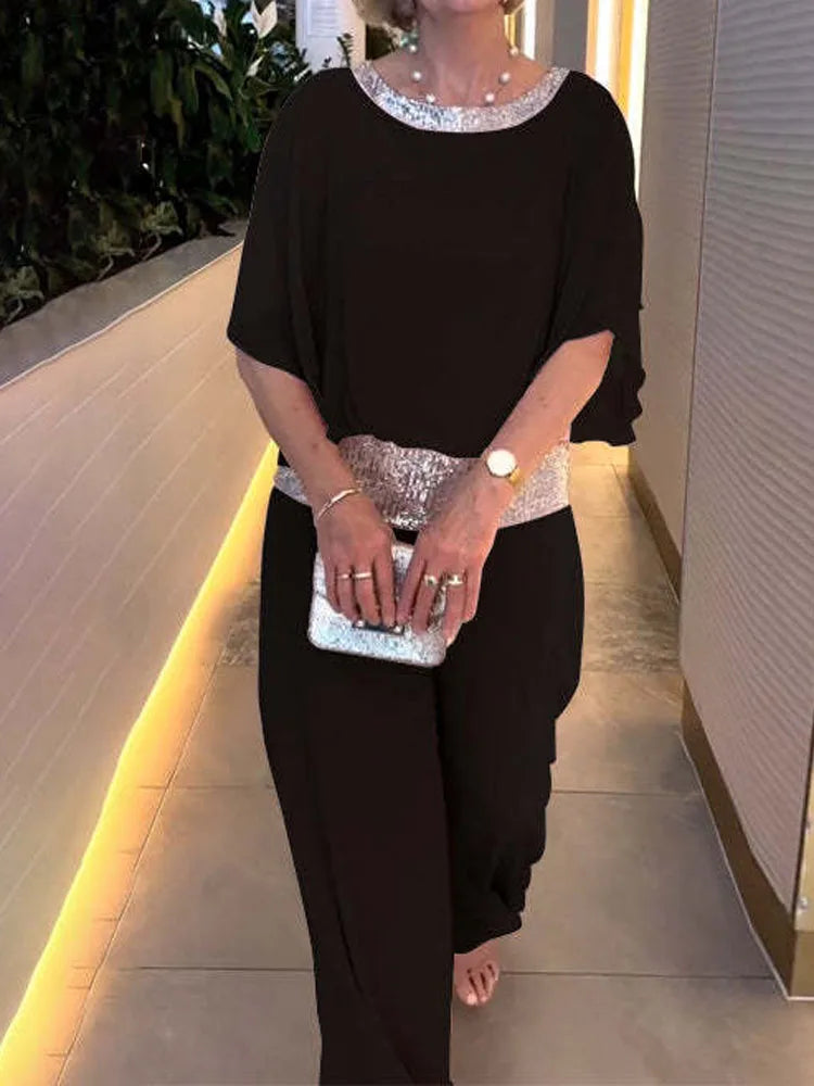 Women's Sequin Batwing Blouse | Co Ord Set | High Waisted Trousers | Steven & Levon