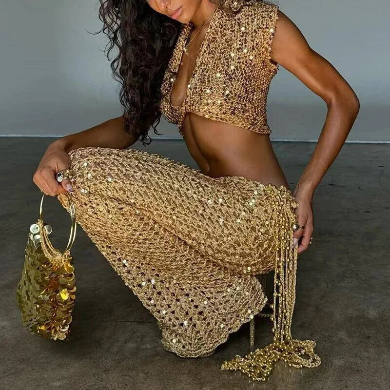 Women's Sequin V Neck Crop Top | Co Ord Set | Tassel Mini Skirt | Short Sleeves | Steven & Levon