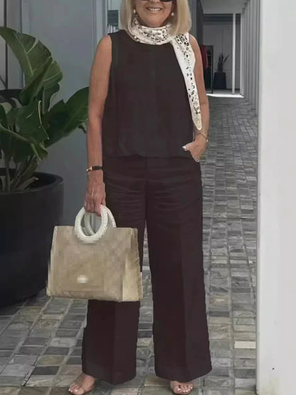 Maelis Women's Linen Summer Set | Sleeveless Blouse & Trousers | Two Piece | Steven & Levon