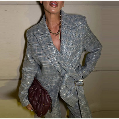 Women's Sequin Stripe Blazer | Co Ord Set | Wide Leg Trousers | Steven & Levon