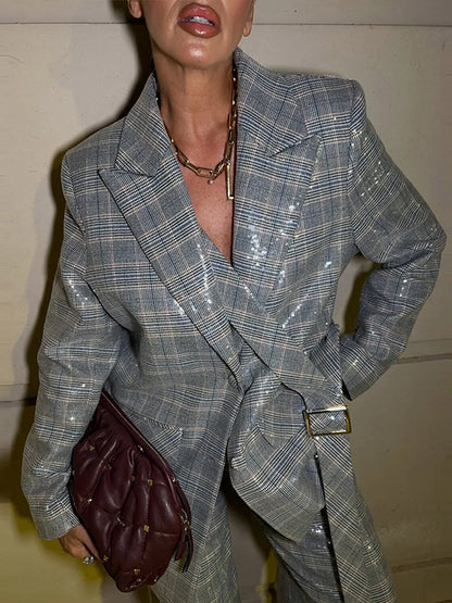 Women's Sequin Stripe Blazer | Co Ord Set | Wide Leg Trousers | Steven & Levon