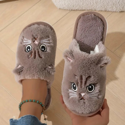 Women's Plush Cat Slippers | Polyester Upper | Non Slip EVA Sole | Flat Heel | Steven & Levon