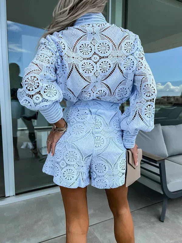 Women's Two-Piece Lace Set | Long-Sleeve Blouse & Shorts | Relaxed Fit | Steven & Levon