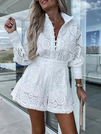 Women's Two-Piece Lace Set | Long-Sleeve Blouse & Shorts | Relaxed Fit | Steven & Levon
