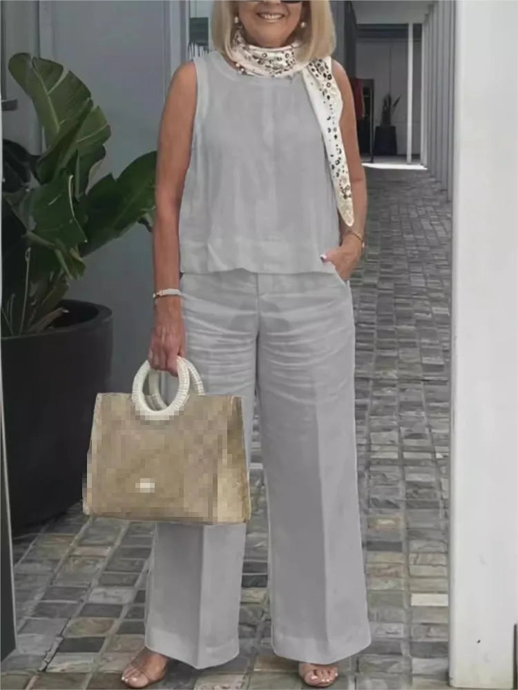 Maelis Women's Linen Summer Set | Sleeveless Blouse & Trousers | Two Piece | Steven & Levon