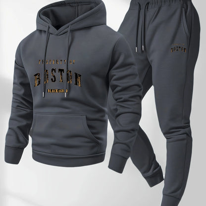 Boston Print Hoodie | Sweatpants Casual Two Piece Set | Men's Tracksuit | Steven & Levon