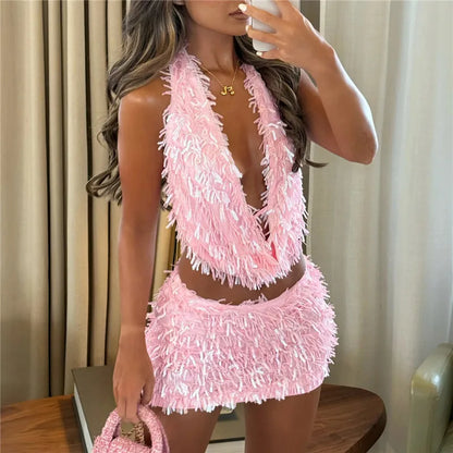 Women's Sequin Halter Top | Co Ord Set | Backless Tassel Mini Skirt | Steven & Levon