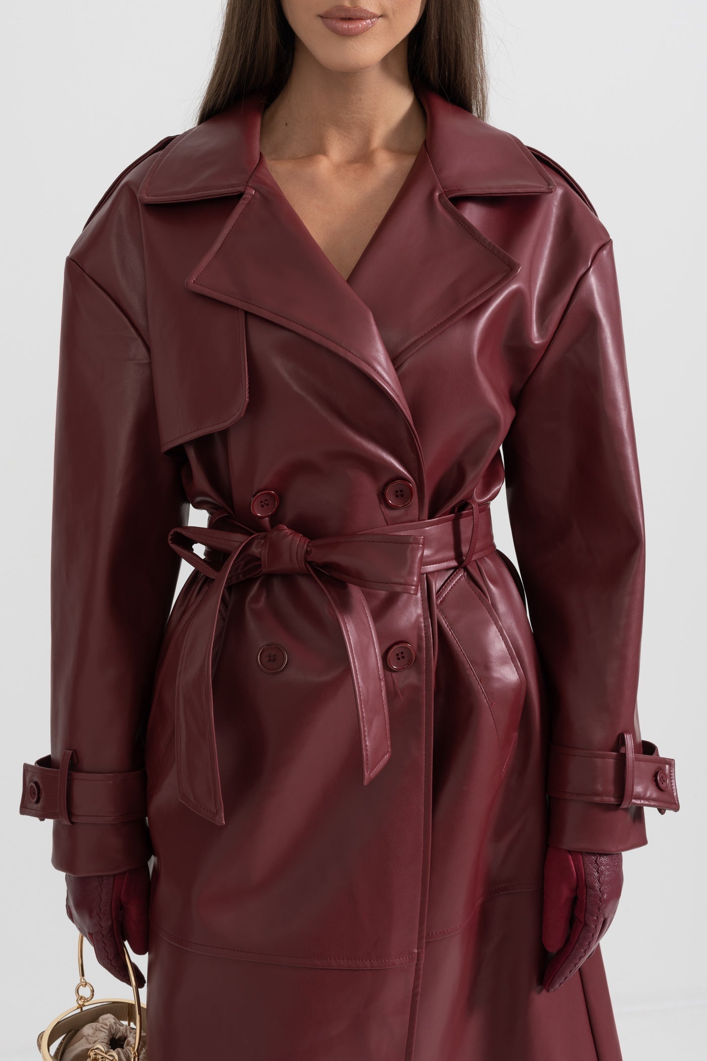 Women's Vegan Leather Trench Coat | Burgundy | Belted Long Overcoat | Steven & Levon