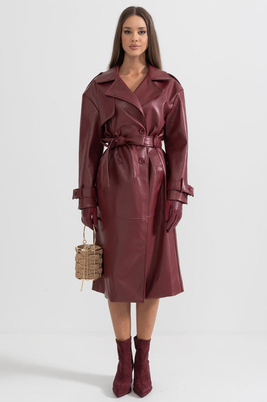 Women's Vegan Leather Trench Coat | Burgundy | Belted Long Overcoat | Steven & Levon