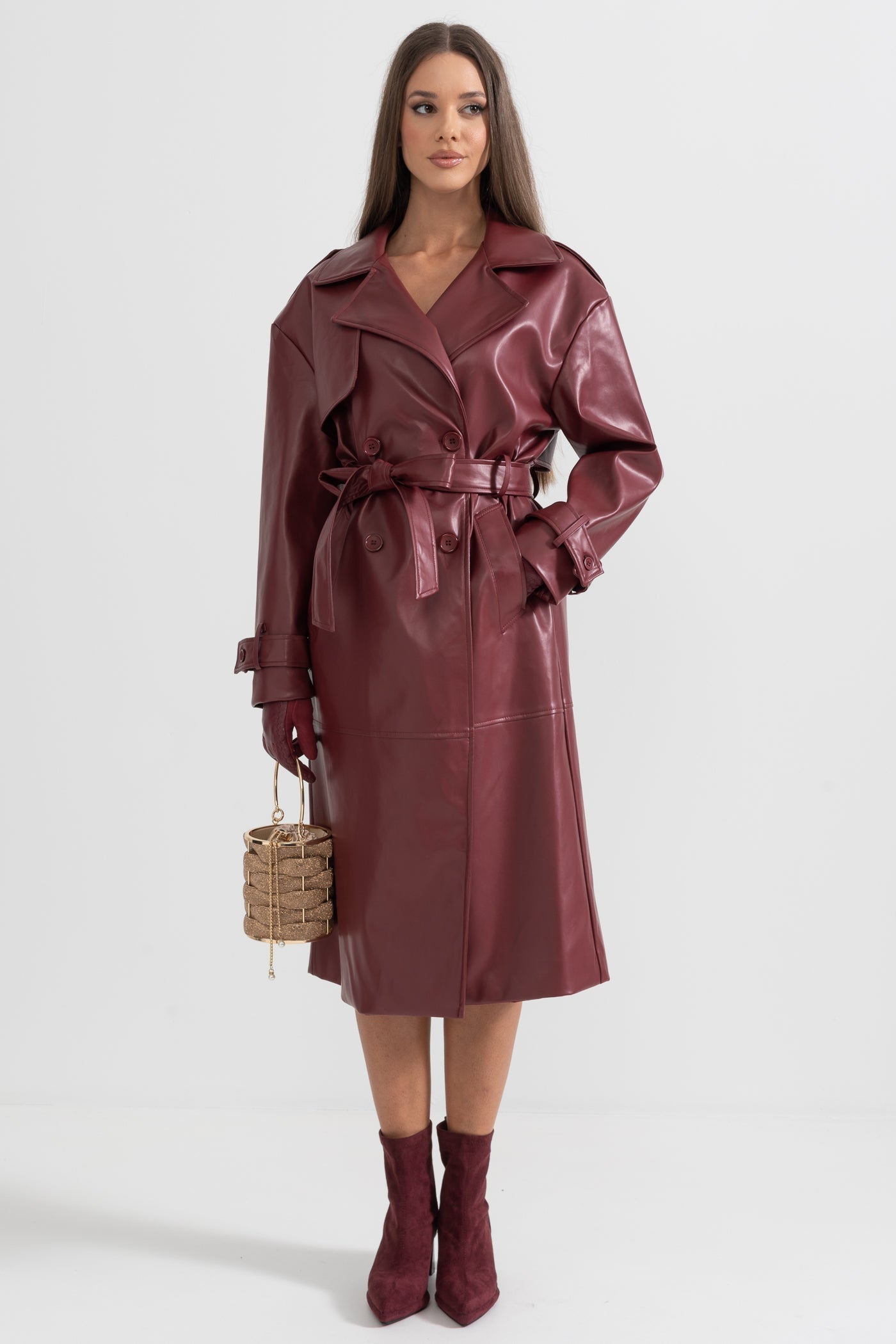 Women's Vegan Leather Trench Coat | Burgundy | Belted Long Overcoat | Steven & Levon