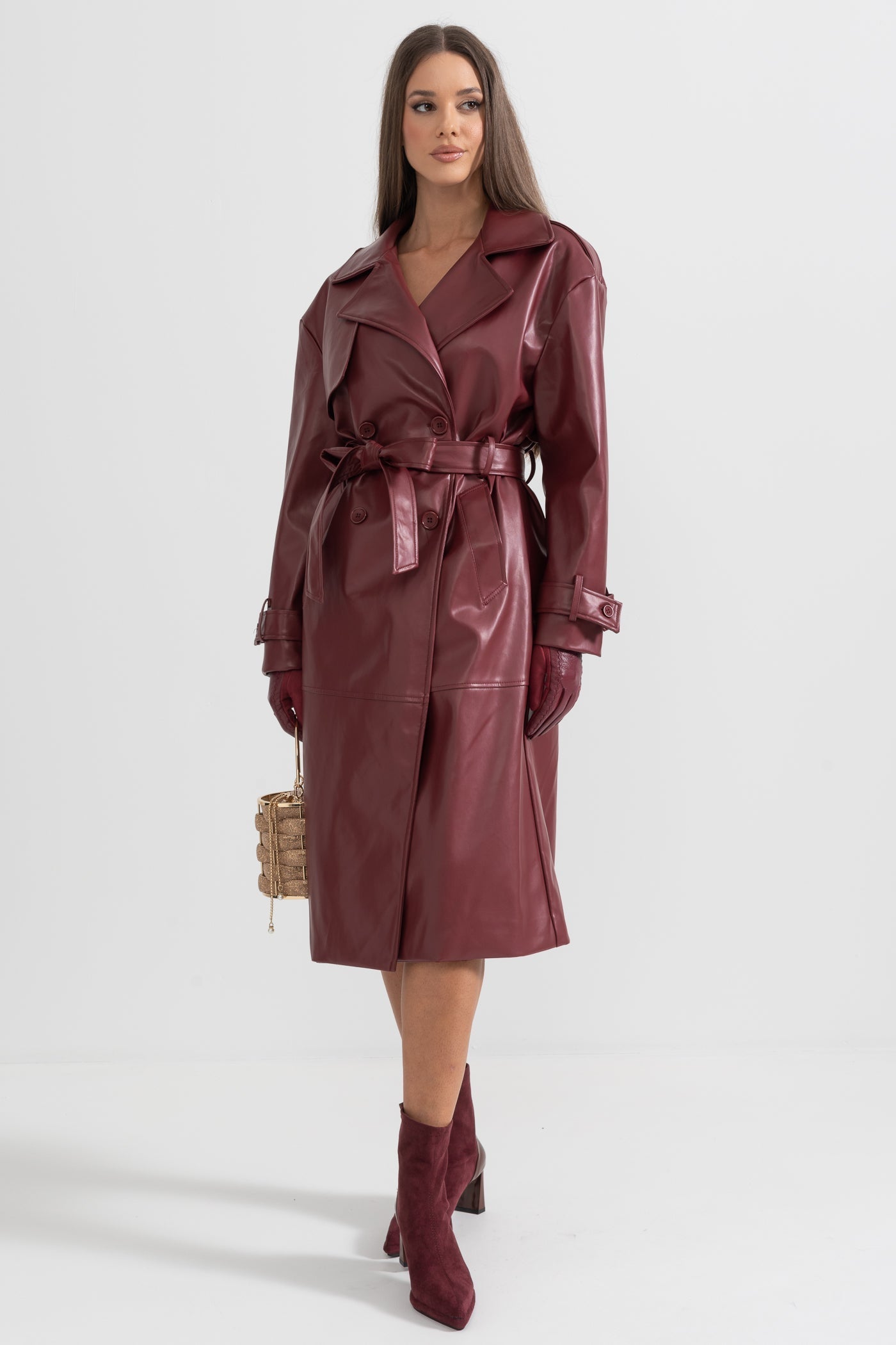 Women's Vegan Leather Trench Coat | Burgundy | Belted Long Overcoat | Steven & Levon