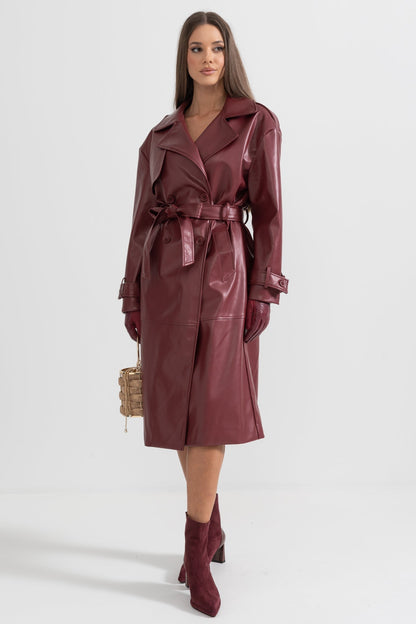 Women's Vegan Leather Trench Coat | Burgundy | Belted Long Overcoat | Steven & Levon
