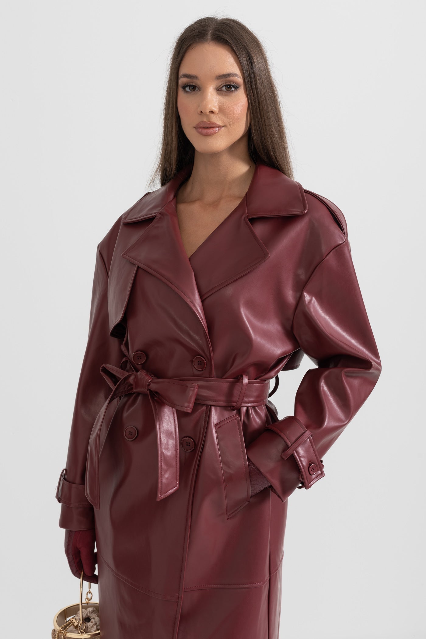 Women's Vegan Leather Trench Coat | Burgundy | Belted Long Overcoat | Steven & Levon