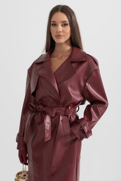 Women's Vegan Leather Trench Coat | Burgundy | Belted Long Overcoat | Steven & Levon