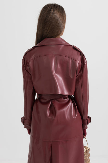 Women's Vegan Leather Trench Coat | Burgundy | Belted Long Overcoat | Steven & Levon