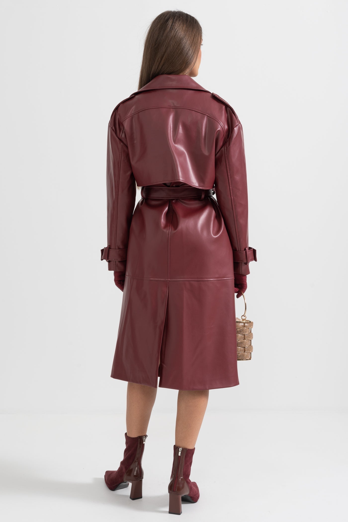 Women's Vegan Leather Trench Coat | Burgundy | Belted Long Overcoat | Steven & Levon
