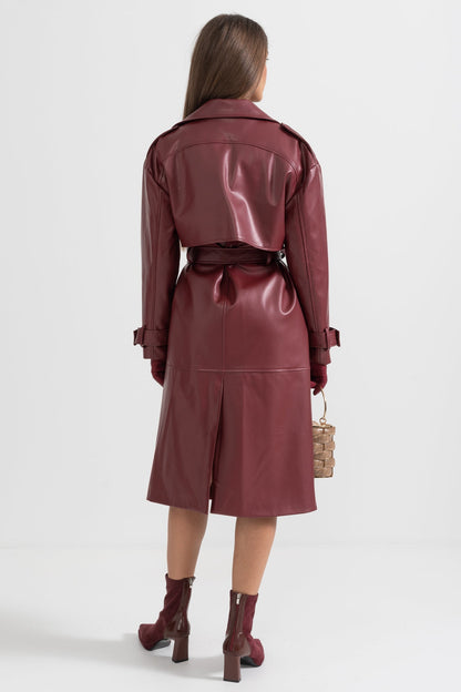 Women's Vegan Leather Trench Coat | Burgundy | Belted Long Overcoat | Steven & Levon