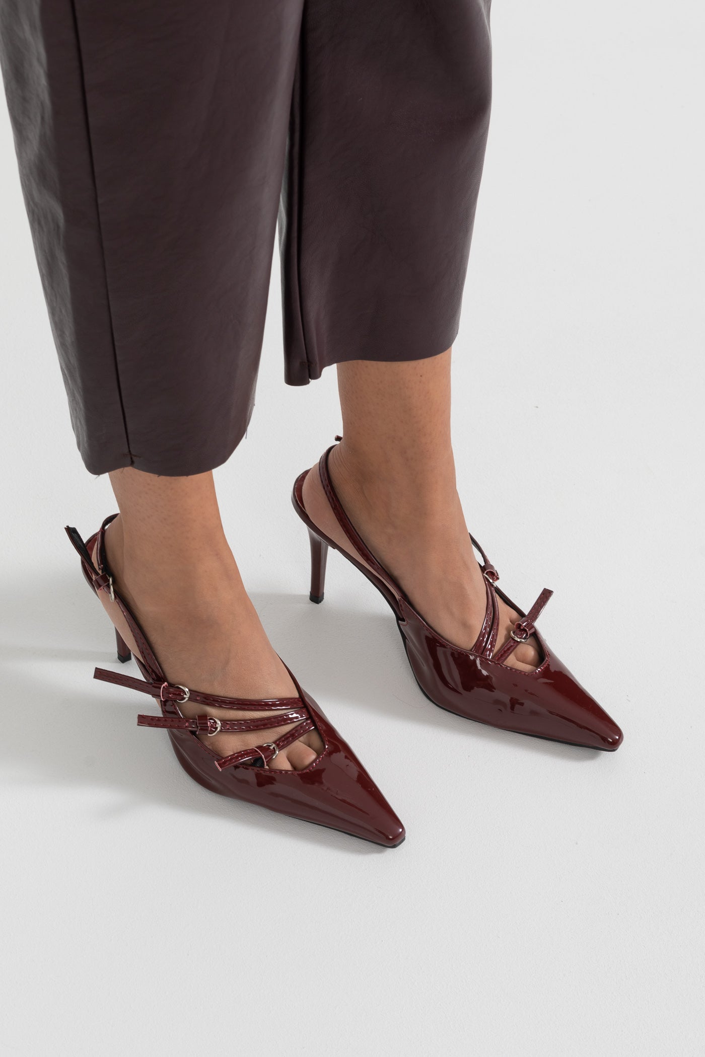 Glossy Slingback Heels | Women | Pointed Toe | Burgundy | Elegant Dress Shoes | Steven & Levon