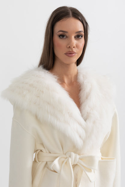 Hooded Fur Jacket | Women's Wool Blend Jacket | Oversized Fur Hood, Fur Collar, Belted Ivoire Winter Coat | Steven & Levon