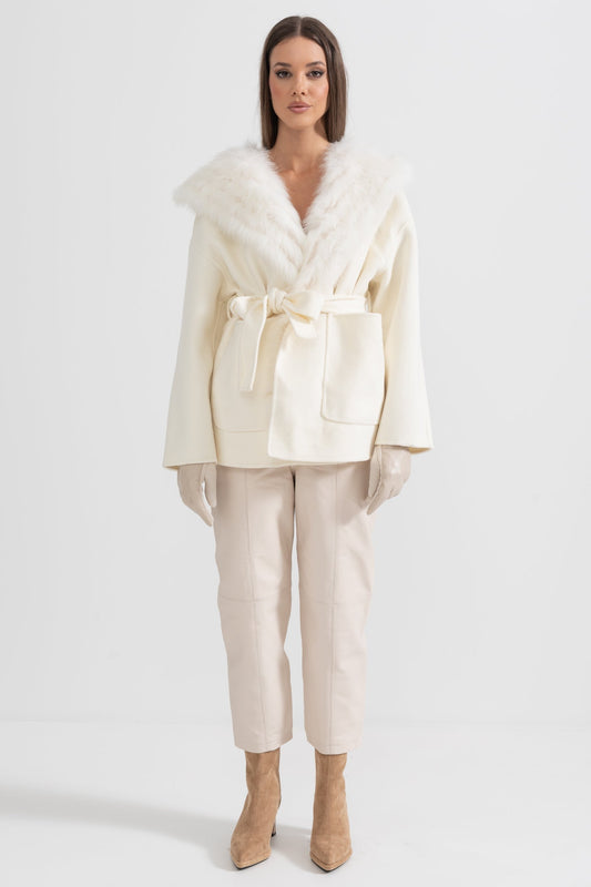Hooded Fur Jacket | Women's Wool Blend Jacket | Oversized Fur Hood, Fur Collar, Belted Ivoire Winter Coat | Steven & Levon