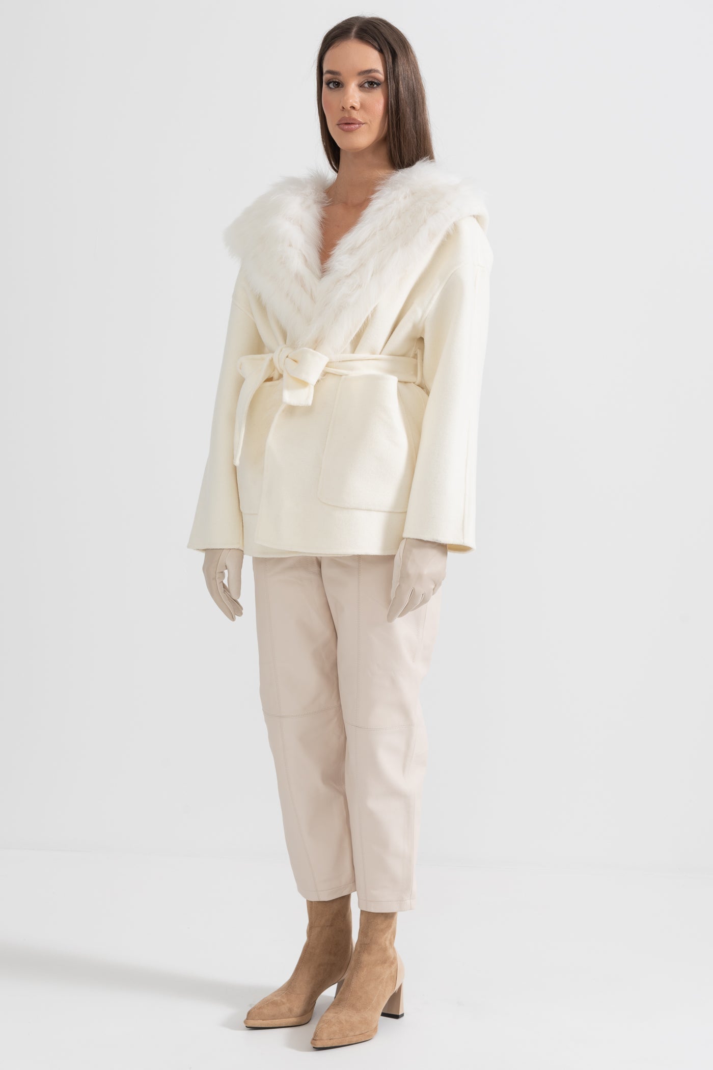 Hooded Fur Jacket | Women's Wool Blend Jacket | Oversized Fur Hood, Fur Collar, Belted Ivoire Winter Coat | Steven & Levon