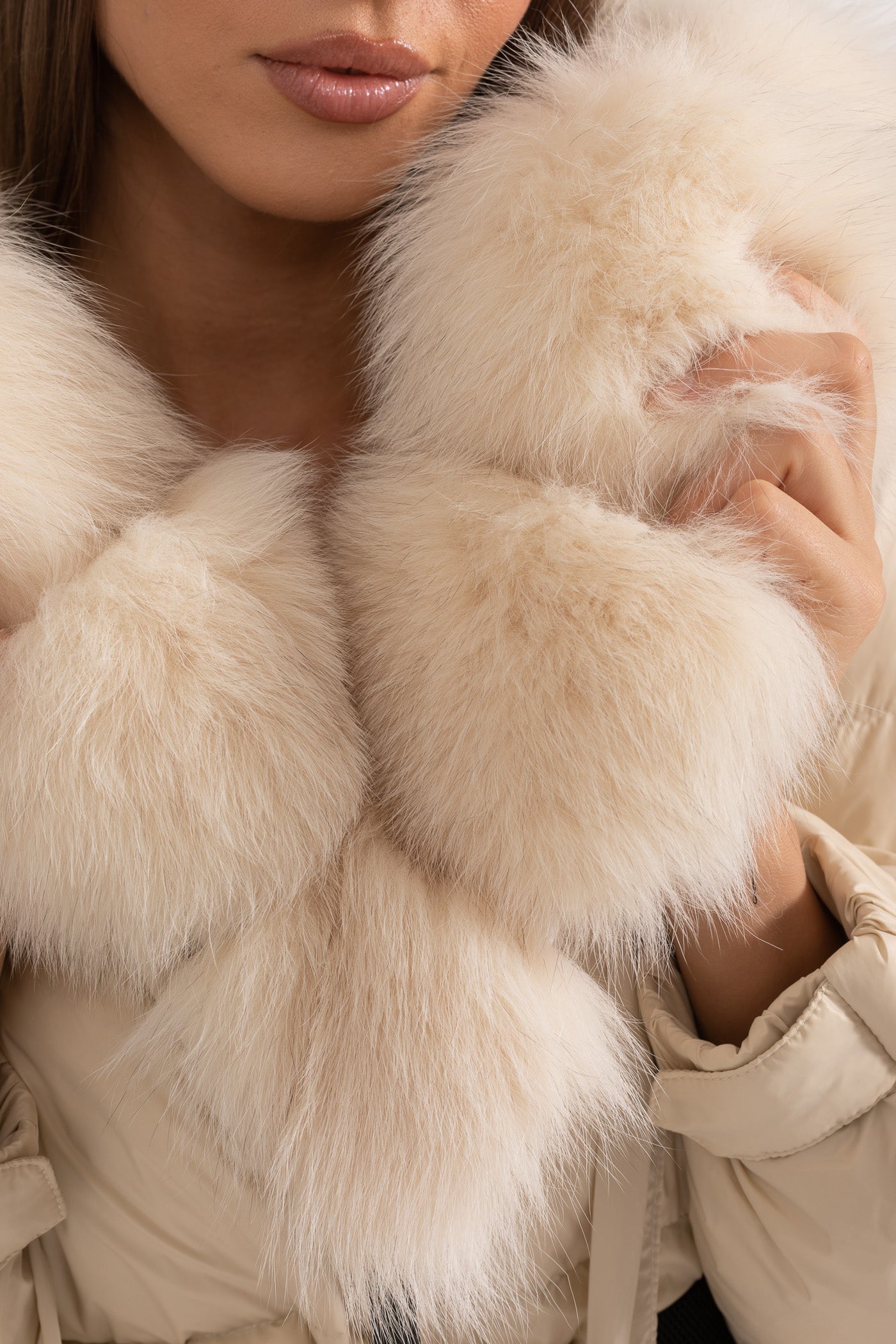 Long Puffer Jacket | Women's Quilted Puffer Coat | White Fur-Lined Hood, Ivoire Insulated Winter Outerwear | Steven & Levon