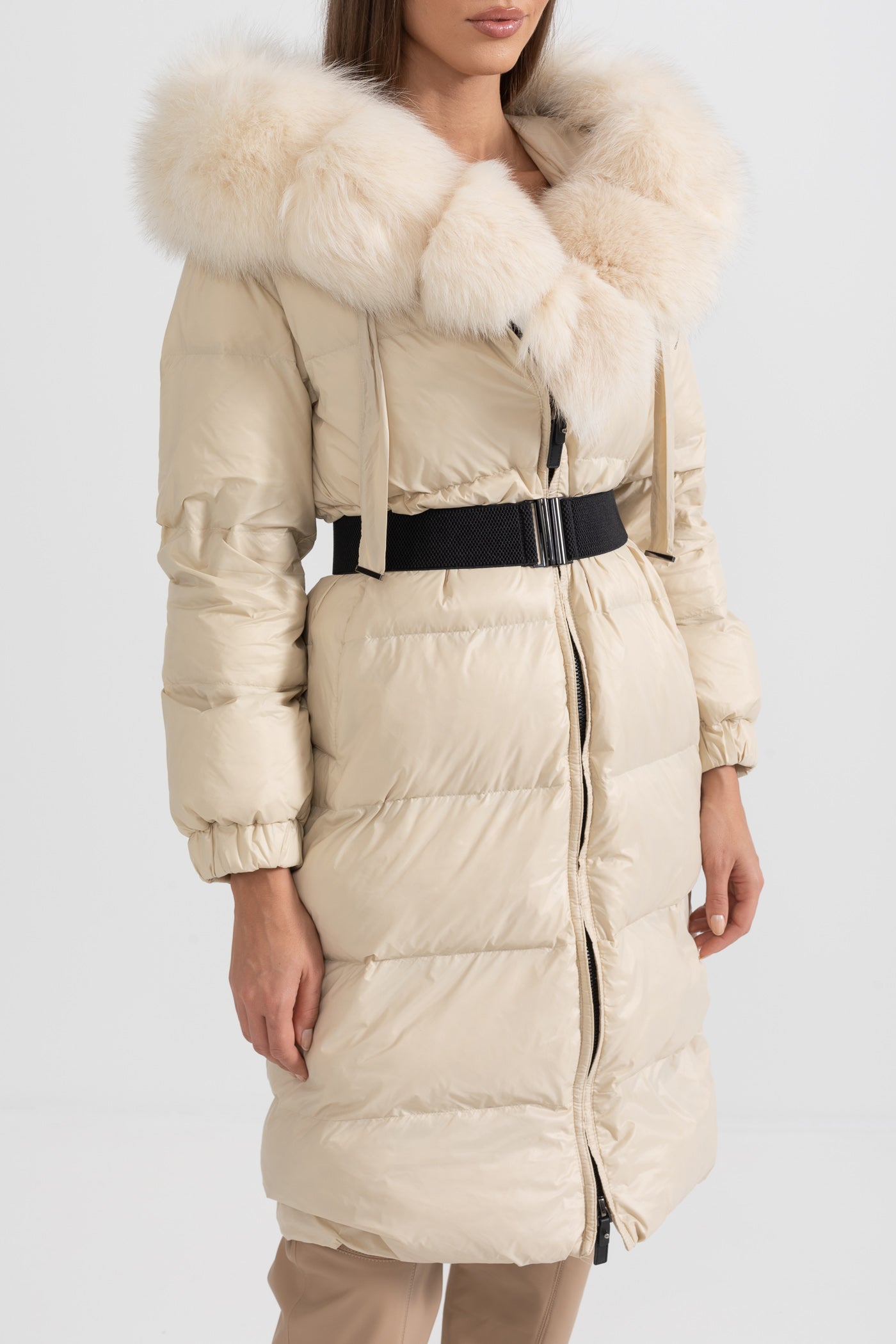 Long Puffer Jacket | Women's Quilted Puffer Coat | White Fur-Lined Hood, Ivoire Insulated Winter Outerwear | Steven & Levon