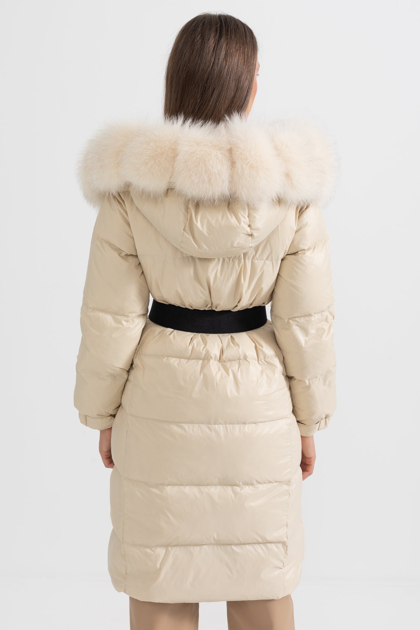 Long Puffer Jacket | Women's Quilted Puffer Coat | White Fur-Lined Hood, Ivoire Insulated Winter Outerwear | Steven & Levon