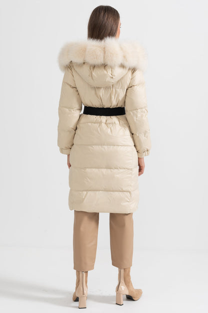 Long Puffer Jacket | Women's Quilted Puffer Coat | White Fur-Lined Hood, Ivoire Insulated Winter Outerwear | Steven & Levon