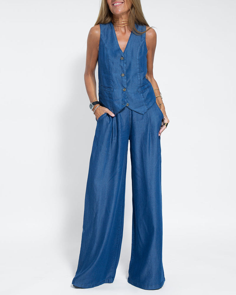 Linen 2-Piece Set | Women | Linen | Wide-Leg Trousers | Button Vest | Steven & Levon