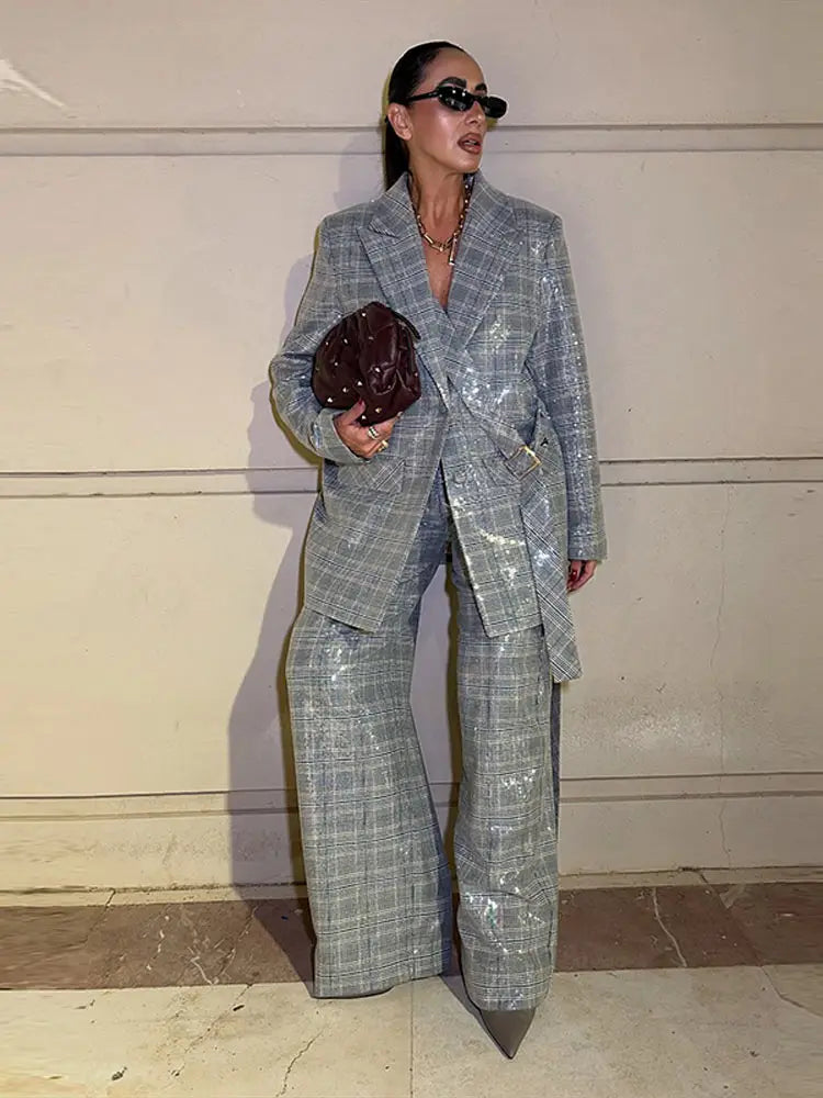 Women's Sequin Stripe Blazer | Co Ord Set | Wide Leg Trousers | Steven & Levon