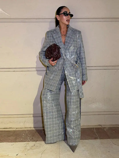 Women's Sequin Stripe Blazer | Co Ord Set | Wide Leg Trousers | Steven & Levon