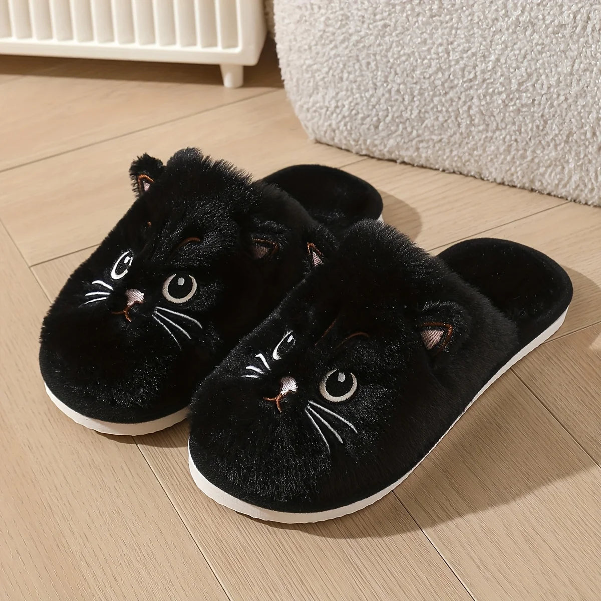 Women's Plush Cat Slippers | Polyester Upper | Non Slip EVA Sole | Flat Heel | Steven & Levon