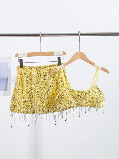 Women's Sequin Co Ord Set | Tassel Detail | Square Neck Top | Mini Skirt | Steven & Levon