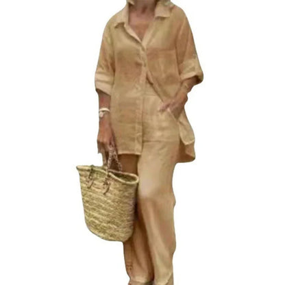 Women's Oversized Linen Blend Set | Long Sleeve Blouse & Wide-Leg Trousers | Relaxed Fit | Steven & Levon