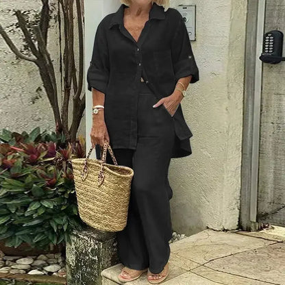 Women's Oversized Linen Blend Set | Long Sleeve Blouse & Wide-Leg Trousers | Relaxed Fit | Steven & Levon