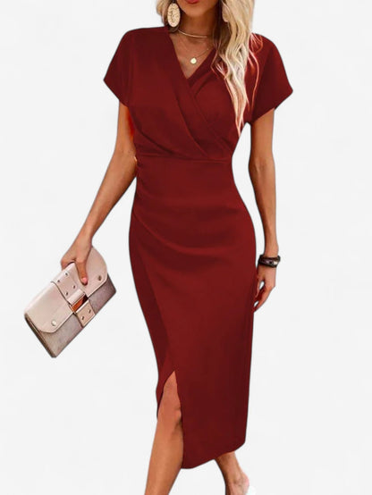 Formal Summer Maxi Dress | Women | Wrap V-Neck Side Slit Short Sleeve | Steven & Levon