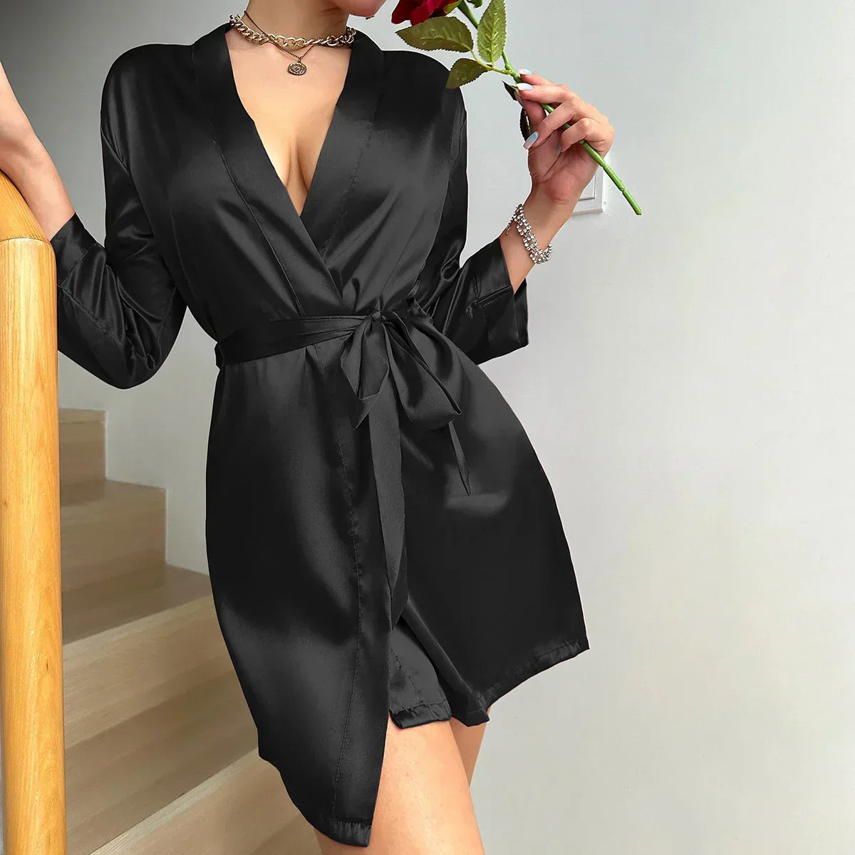 Noémie | Women's Glacé Silk Lace-Up Dressing Bathrobe | Steven & Levon