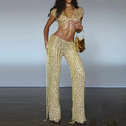 Women's Sequin V Neck Crop Top | Co Ord Set | Tassel Mini Skirt | Short Sleeves | Steven & Levon